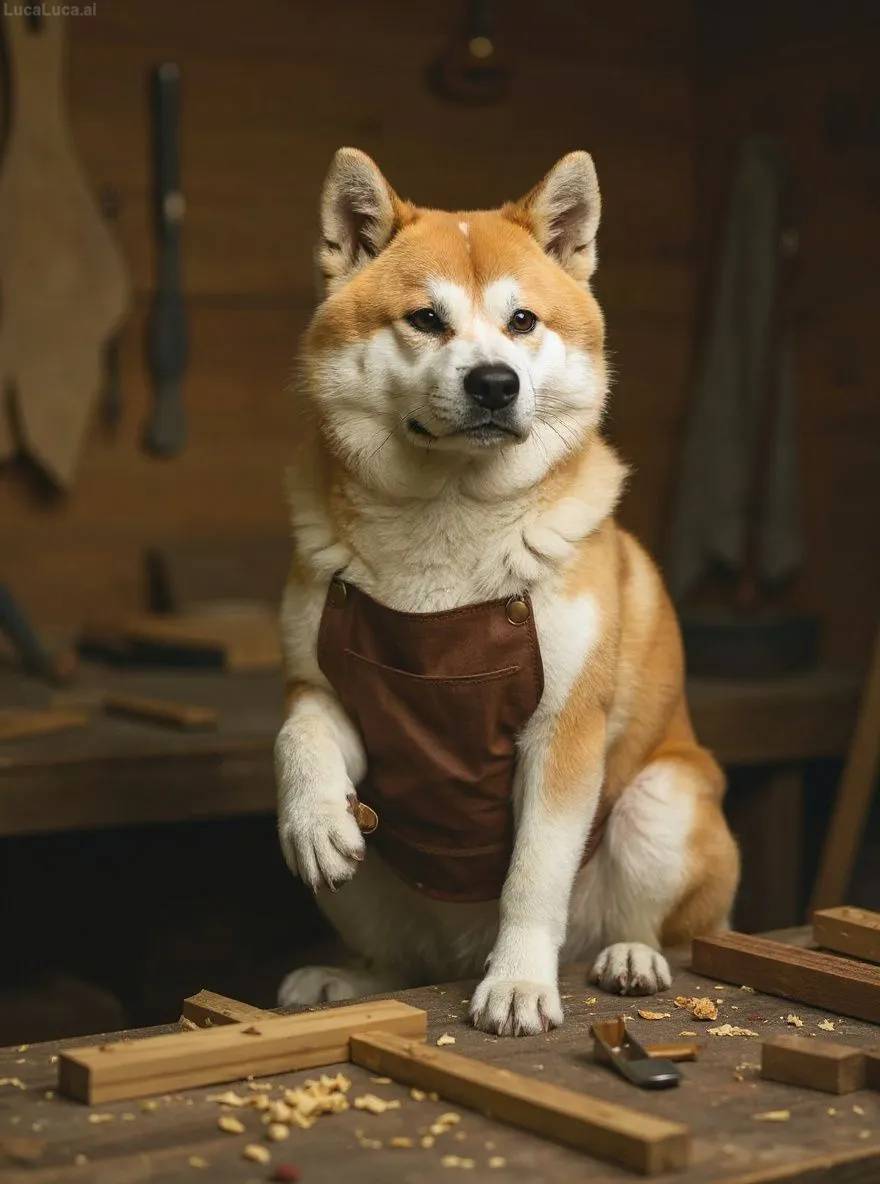 Akita dog wearing a leather apron holding woodworking tools in a workshop
