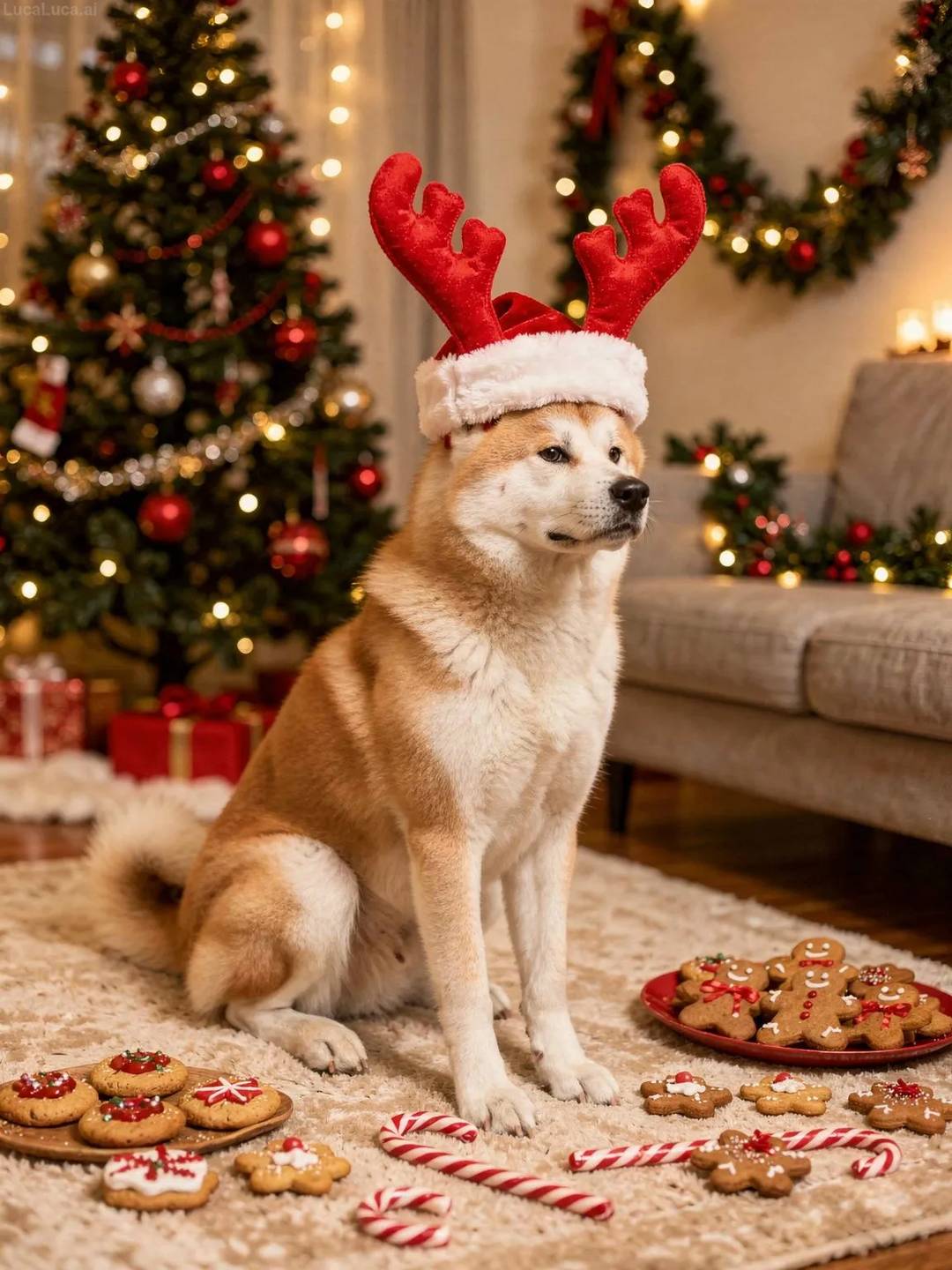 Akita dog surrounded by cookies, candy canes, and gingerbread with holiday decorations