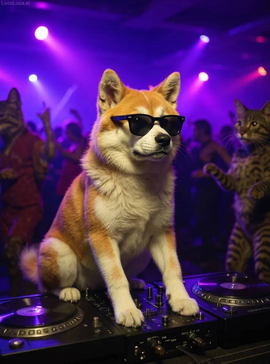 Akita dog wearing sunglasses with paws on turntables at a nightclub