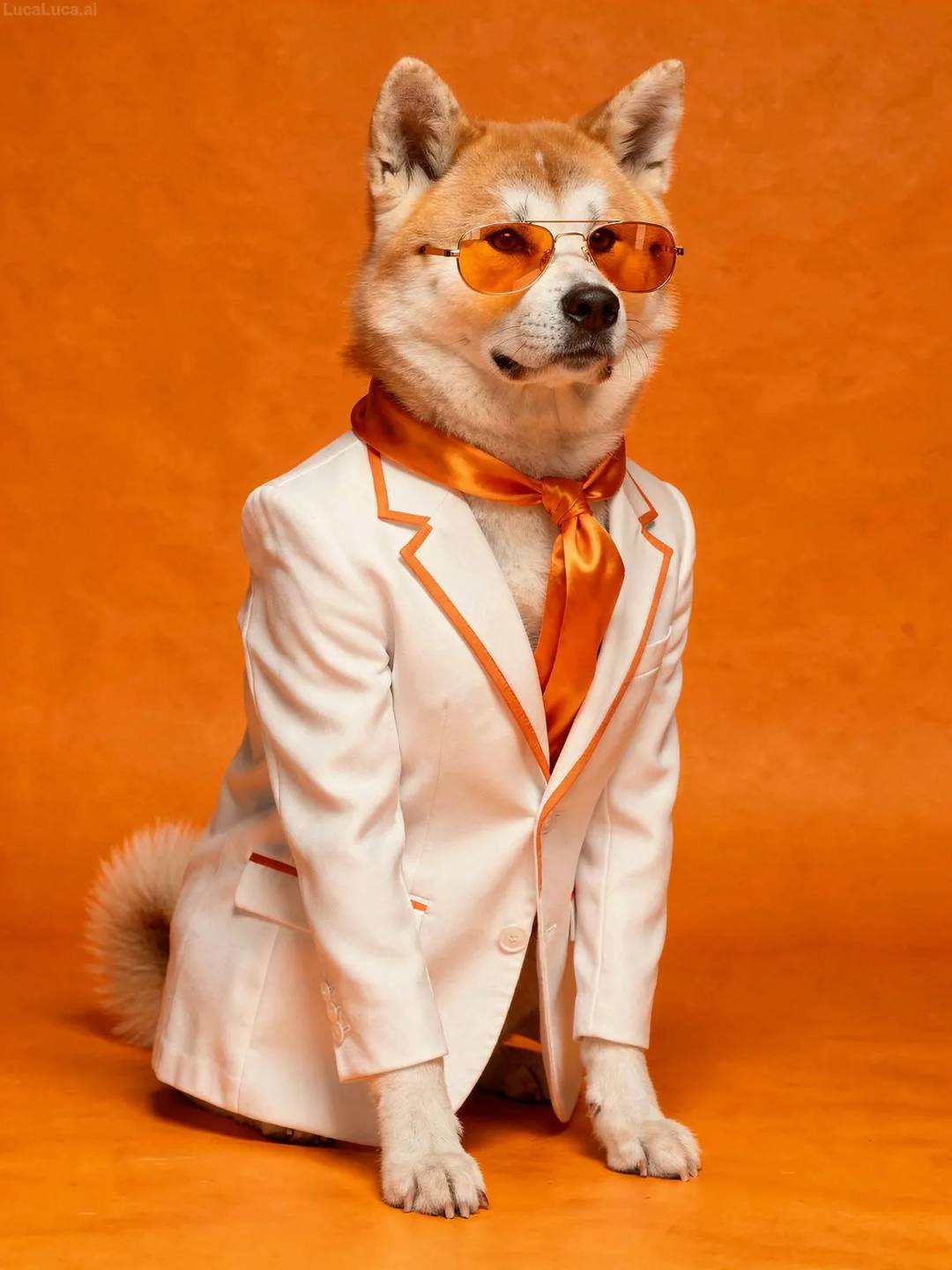 Akita dog wearing orange sunglasses and white suit on an orange background