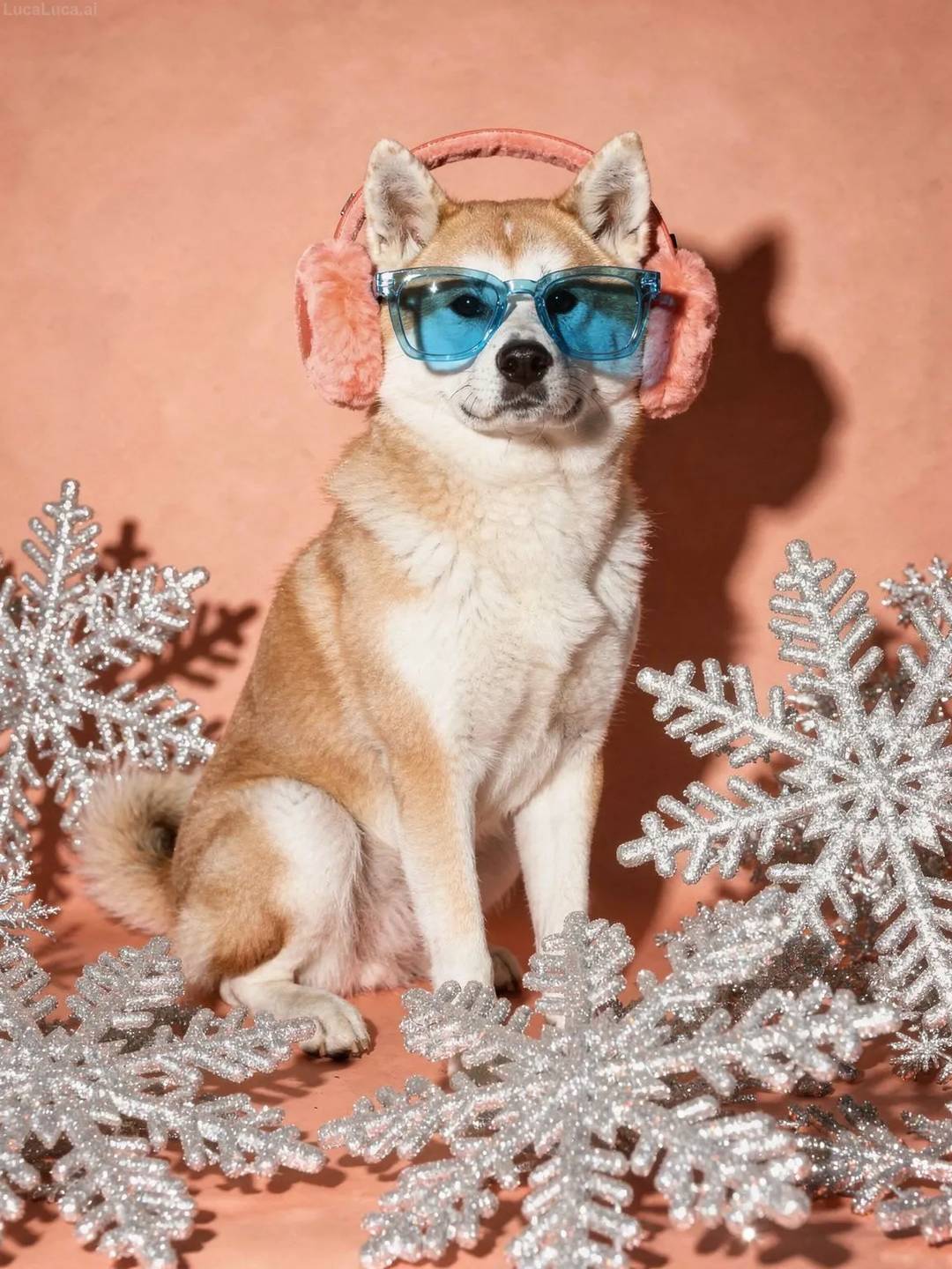 Akita dog wearing blue sunglasses and coral earmuffs holding snowflake ornaments