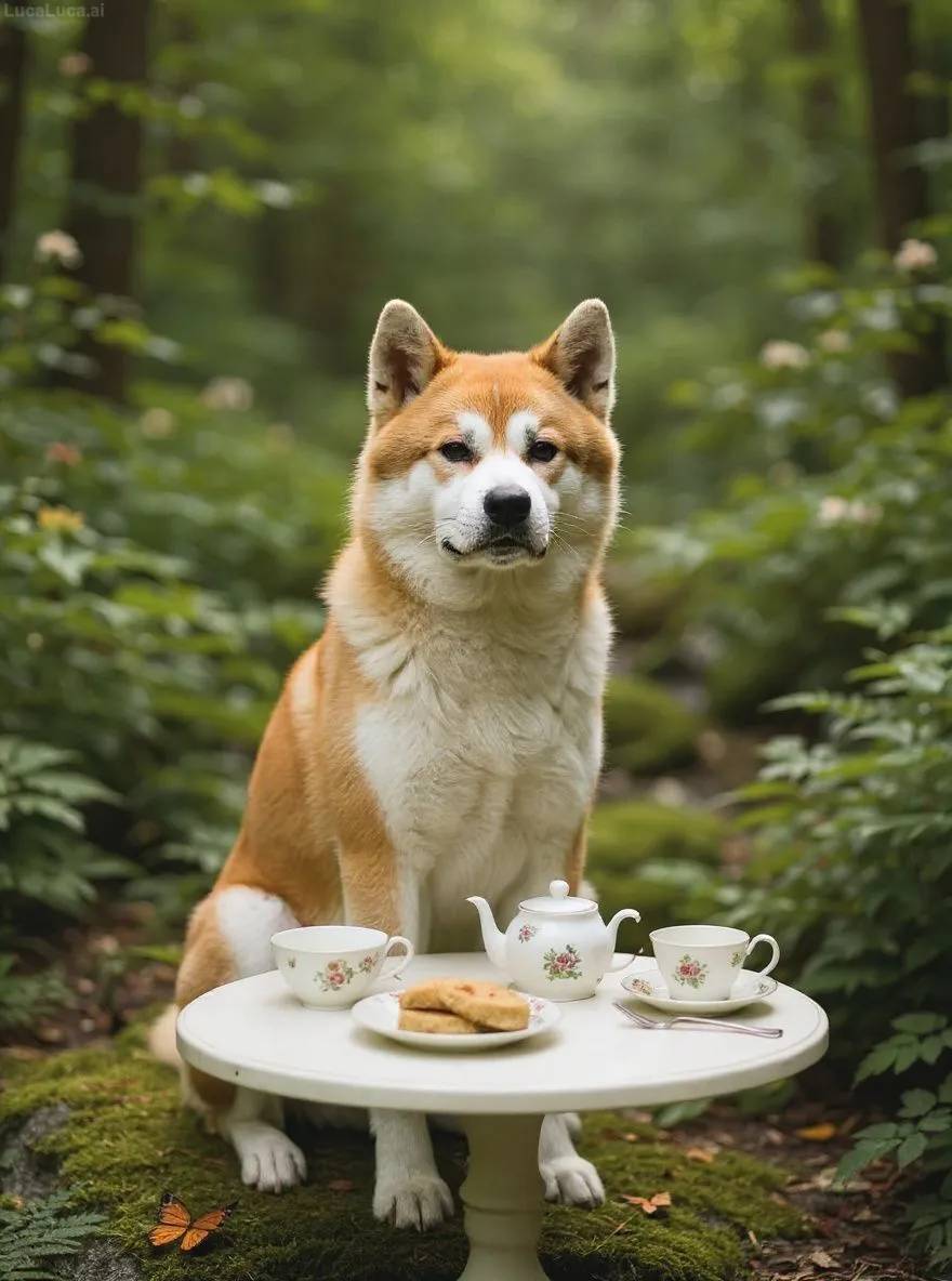 Akita dog at a miniature garden table with floral china and scones