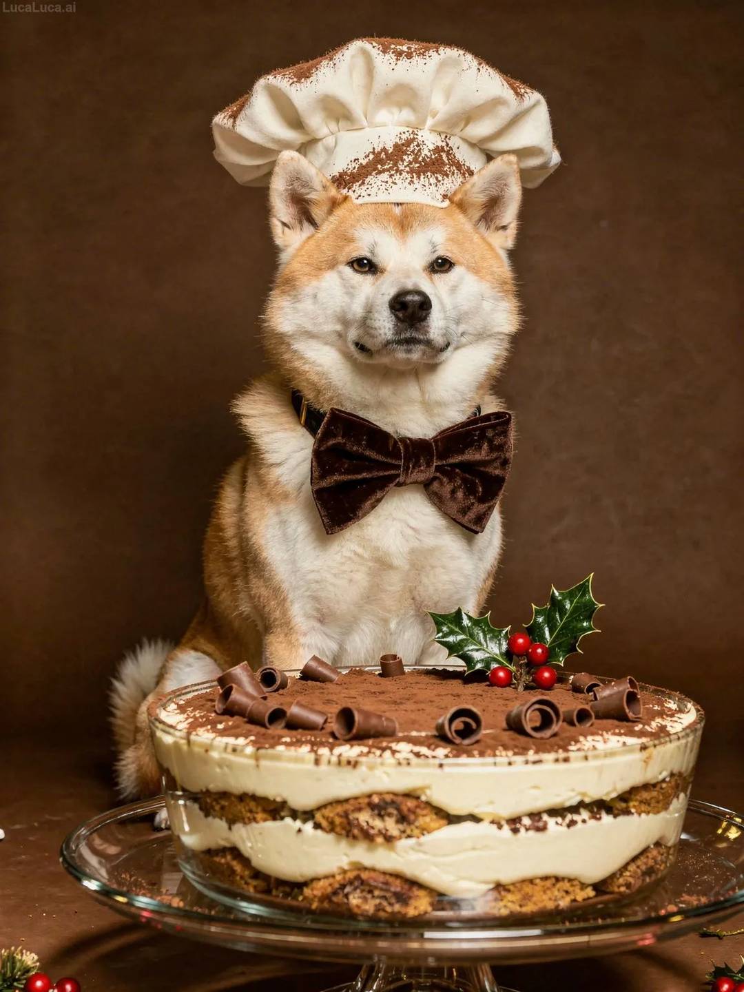 Akita dog wearing a chef hat dusted with cocoa holding a tiramisu