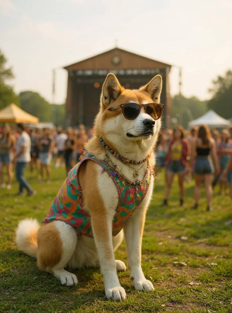 Akita dog in hippie style with tie-dye and flower crown at a music festival
