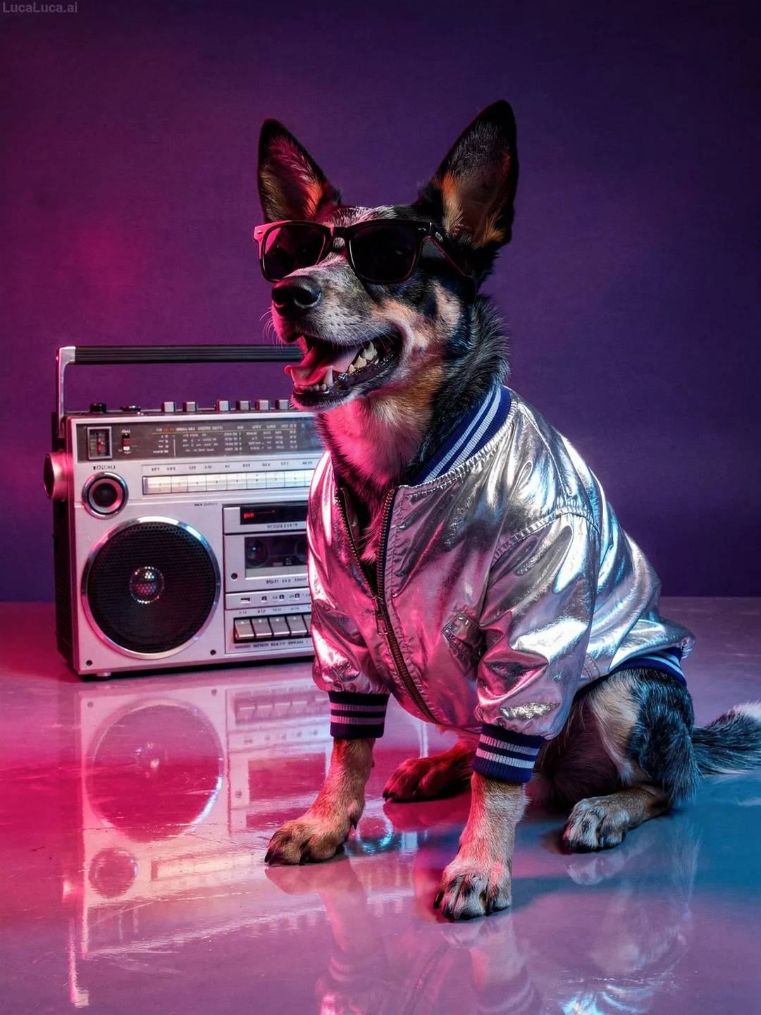 Australian Cattle Dog dog in a metallic silver bomber jacket next to a boombox with neon lighting