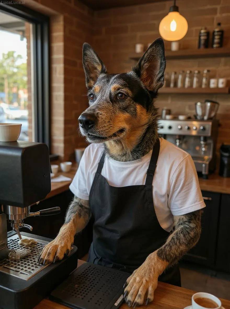 Australian Cattle Dog dog wearing an apron operating an espresso machine in a coffee shop