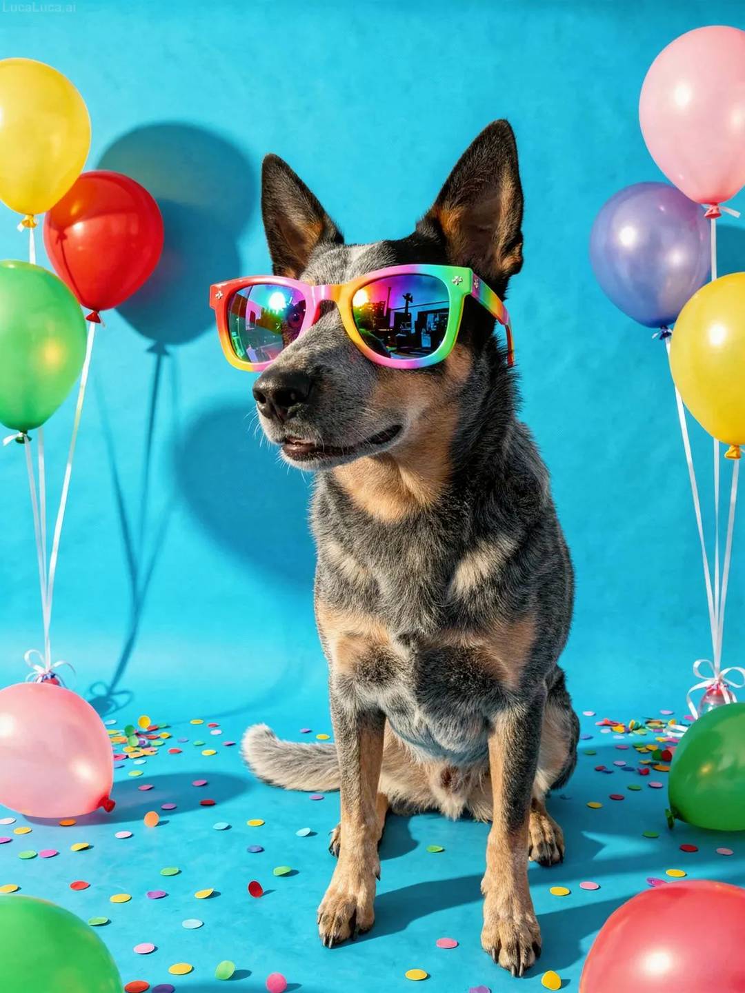Australian Cattle Dog dog wearing colorful sunglasses with confetti on a blue background