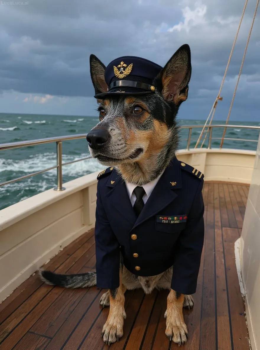 Australian Cattle Dog dog in captain uniform on a boat deck during a storm