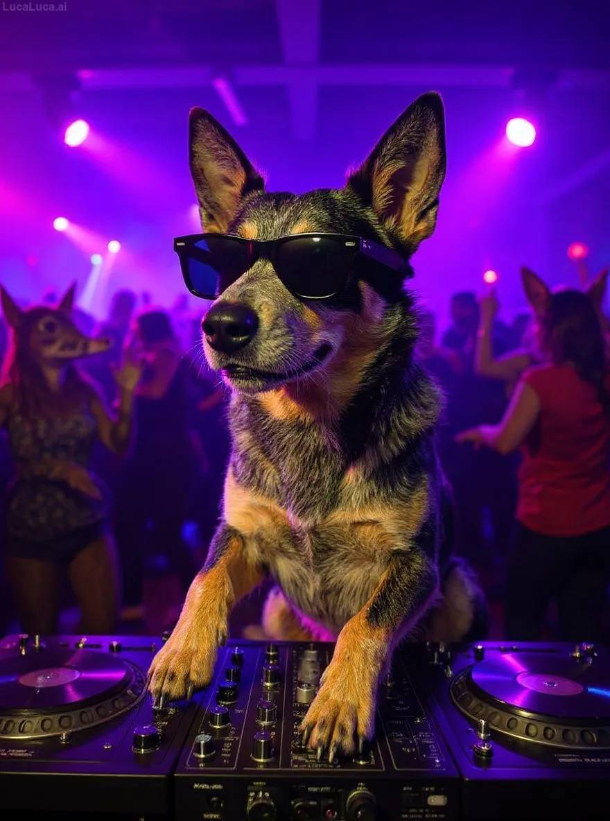 Australian Cattle Dog dog wearing sunglasses with paws on turntables at a nightclub