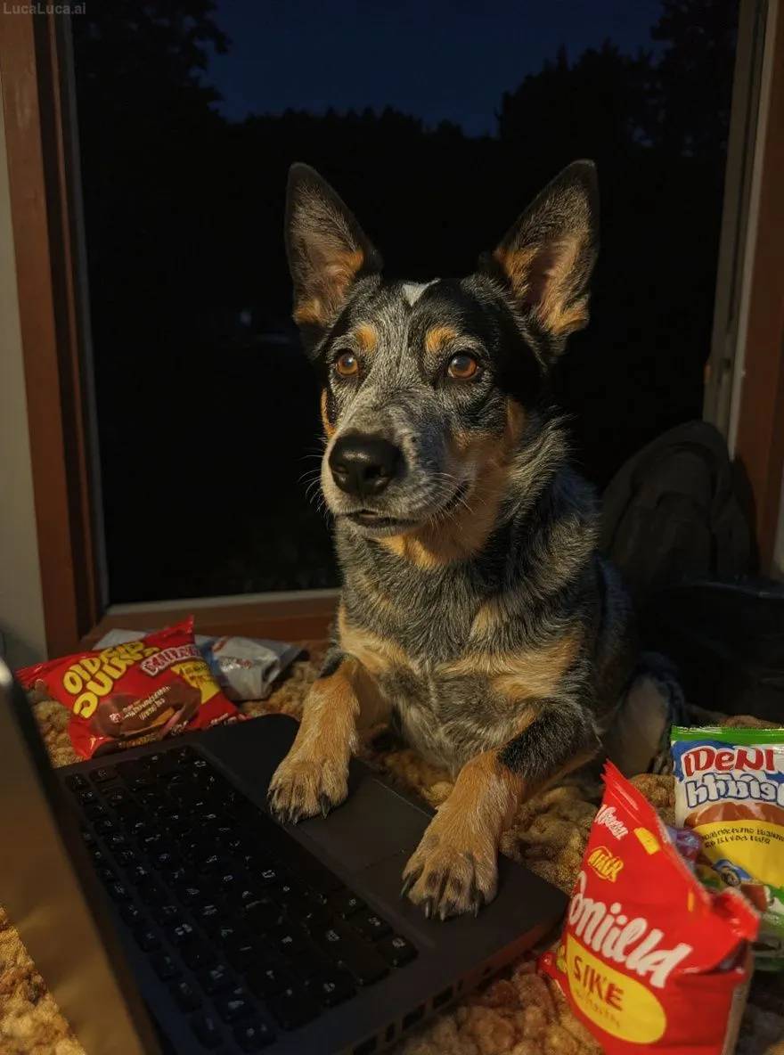 Australian Cattle Dog dog in front of a laptop at night surrounded by snack bags