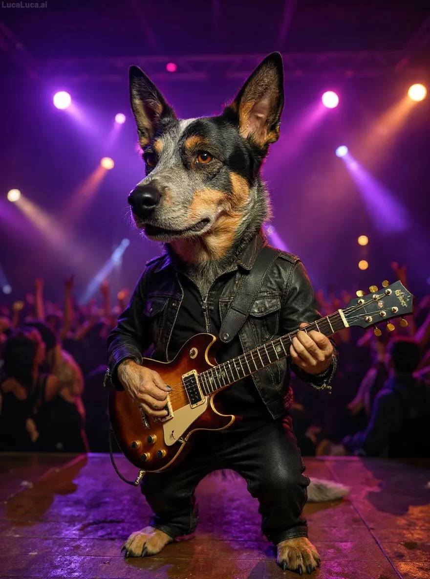 Australian Cattle Dog dog on stage with an electric guitar under bright lights