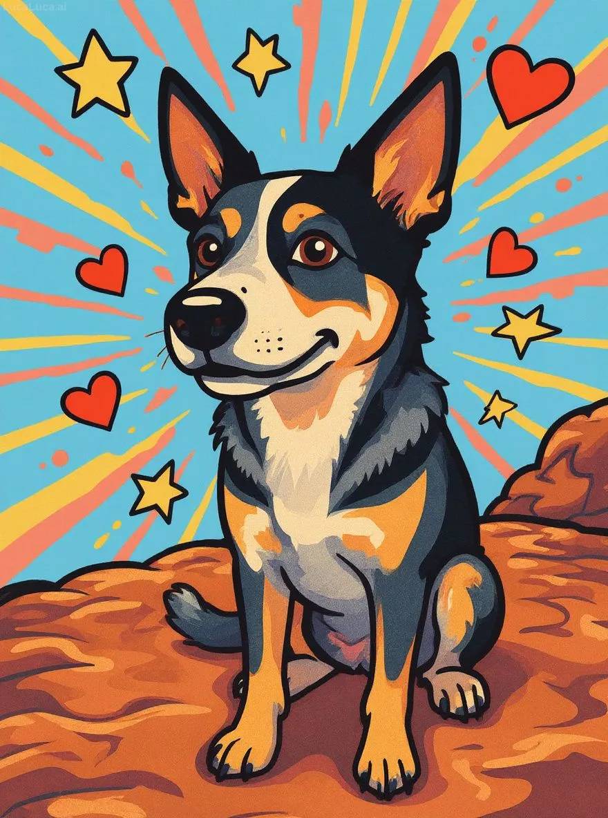 Australian Cattle Dog dog in cartoon style with bold outlines and energetic shapes