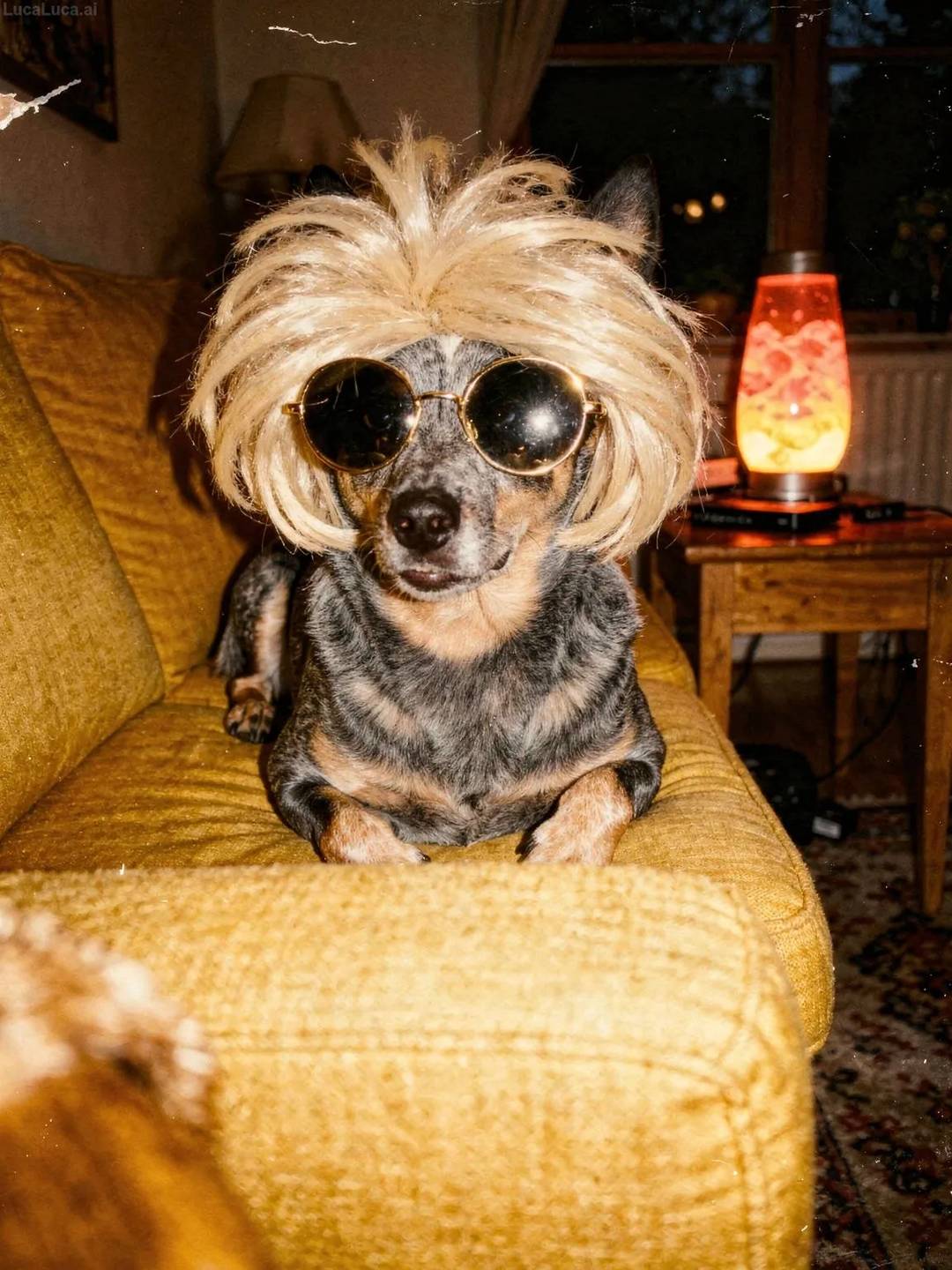 Australian Cattle Dog dog wearing a blonde wig and round sunglasses on a yellow sofa