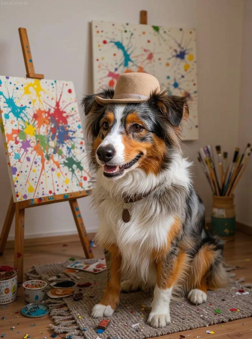Australian Shepherd dog wearing a beret holding a paintbrush in a paint-splattered studio