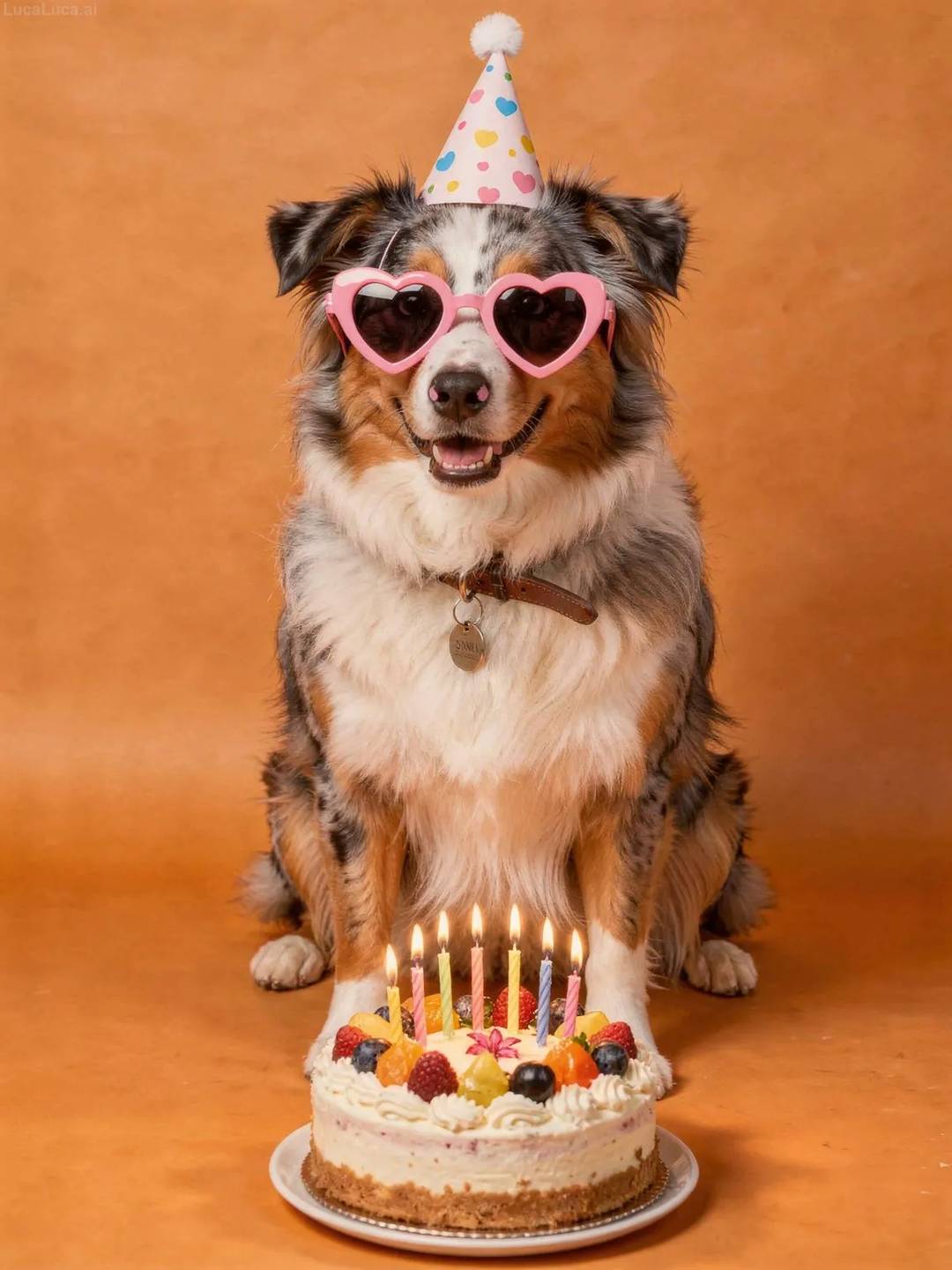 Australian Shepherd dog wearing pink heart sunglasses and party hat with a fruit cake