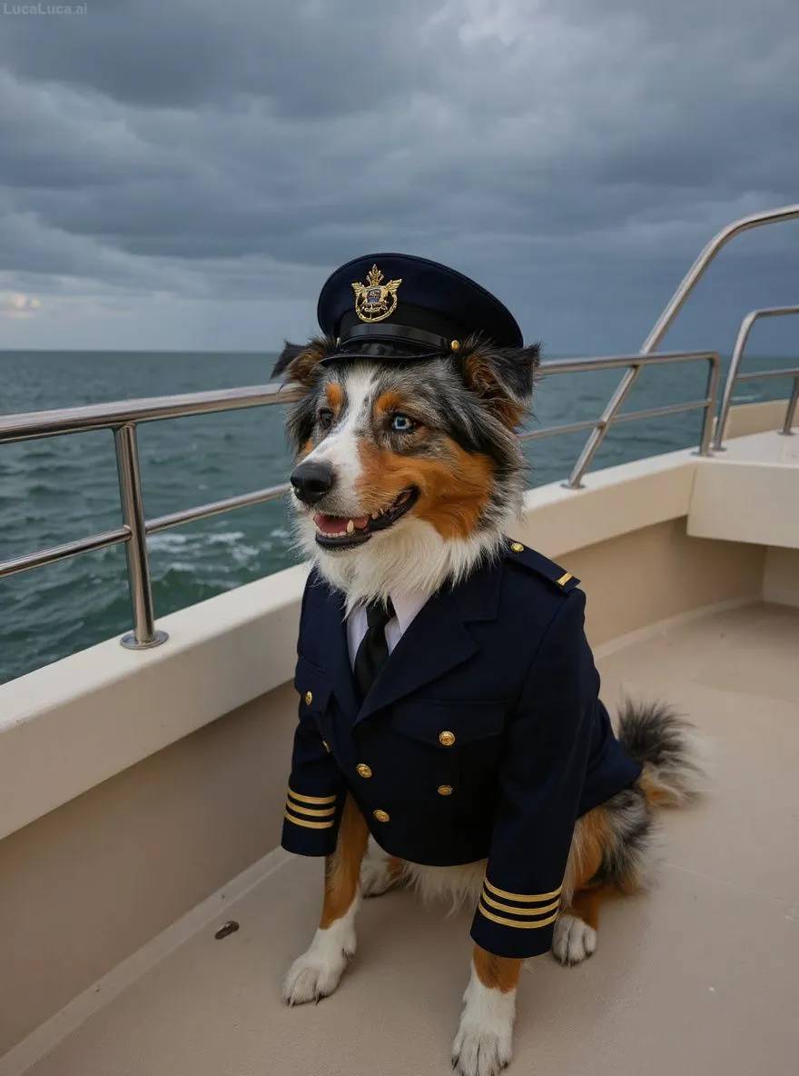 Australian Shepherd dog in captain uniform on a boat deck during a storm