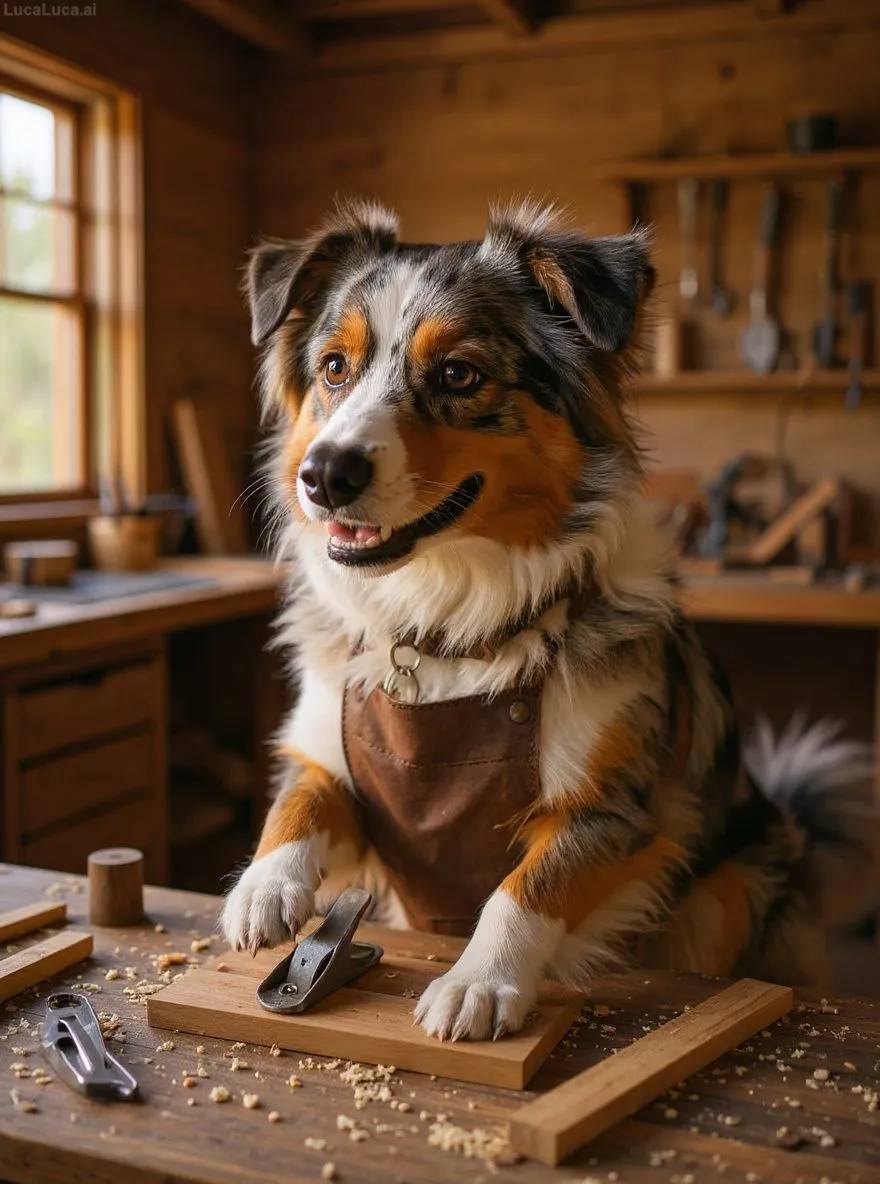 Australian Shepherd dog wearing a leather apron holding woodworking tools in a workshop