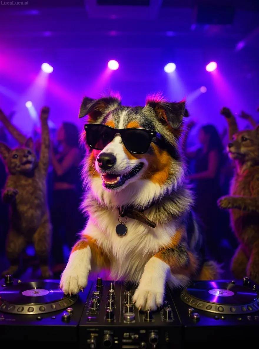 Australian Shepherd dog wearing sunglasses with paws on turntables at a nightclub