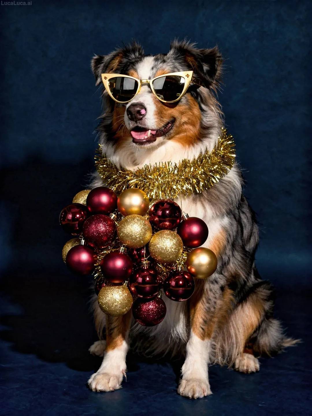 Australian Shepherd dog wearing gold sunglasses and tinsel scarf holding Christmas ornaments