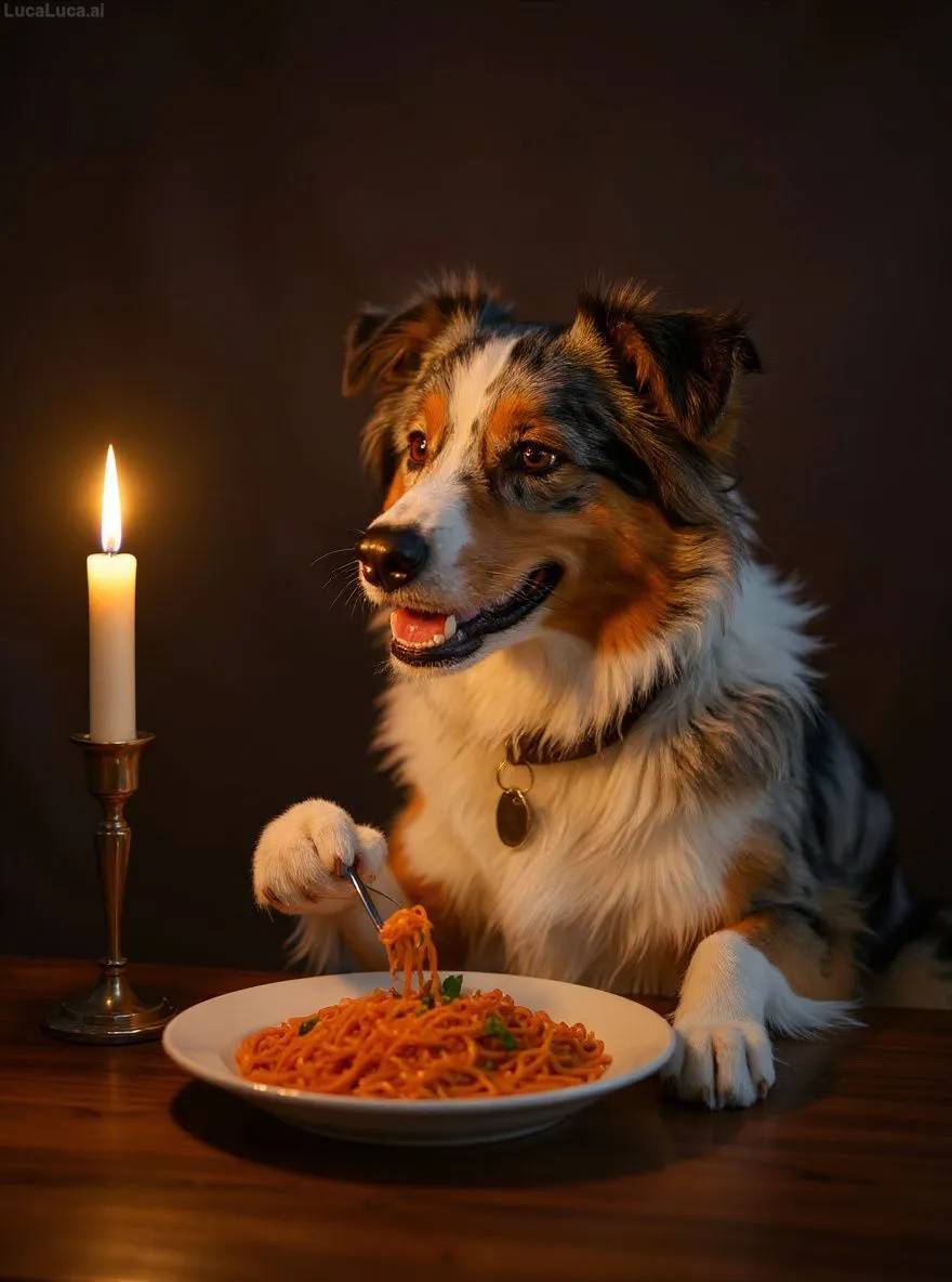 Australian Shepherd dog eating spaghetti alone at a candlelit table