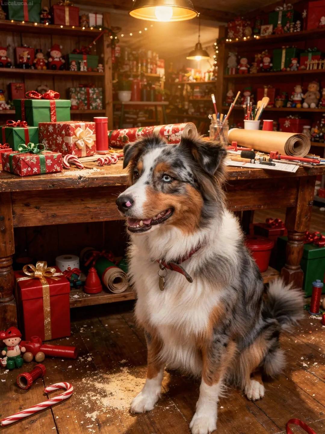 Australian Shepherd dog wearing an elf hat at a workshop table surrounded by wrapped gifts