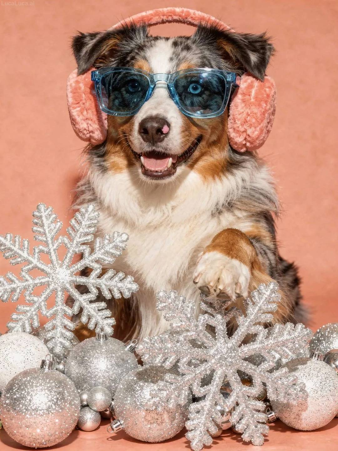 Australian Shepherd dog wearing blue sunglasses and coral earmuffs holding snowflake ornaments