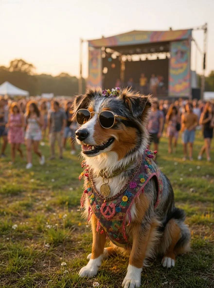 Australian Shepherd dog in hippie style with tie-dye and flower crown at a music festival
