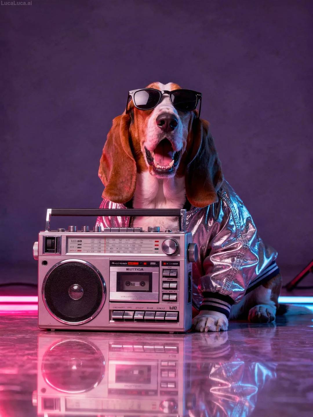 Basset Hound dog in a metallic silver bomber jacket next to a boombox with neon lighting