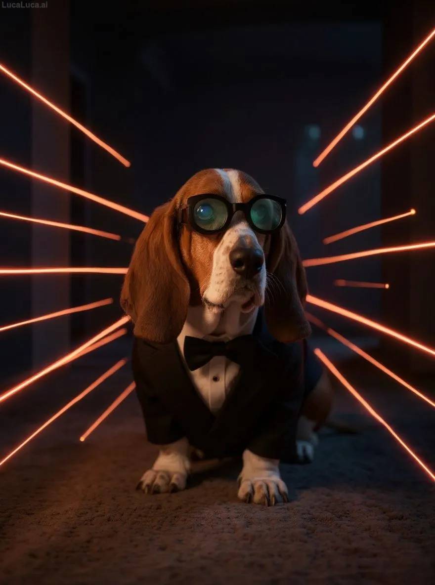 Basset Hound dog wearing a tuxedo and night vision goggles in a room with laser beams