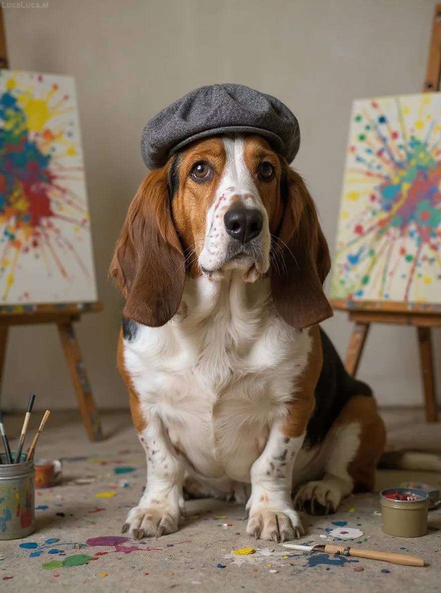Basset Hound dog wearing a beret holding a paintbrush in a paint-splattered studio