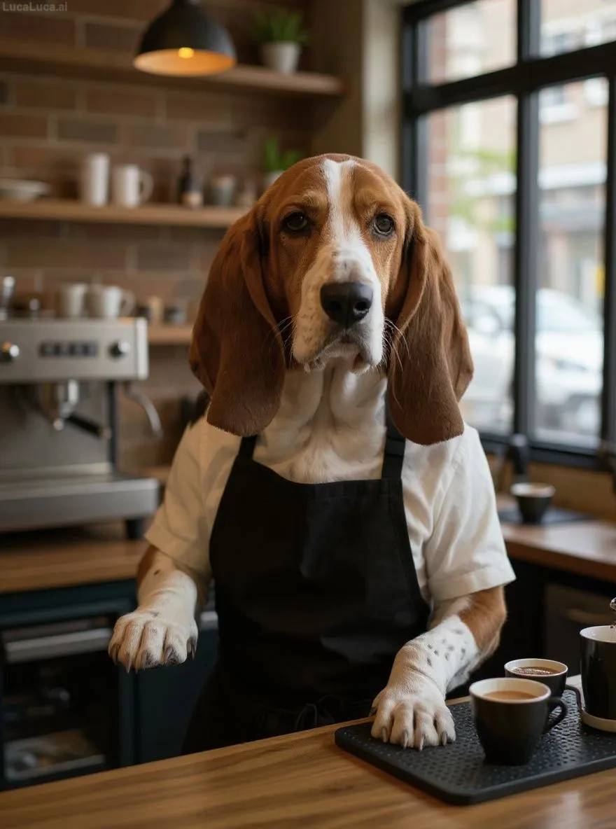 Basset Hound dog wearing an apron operating an espresso machine in a coffee shop