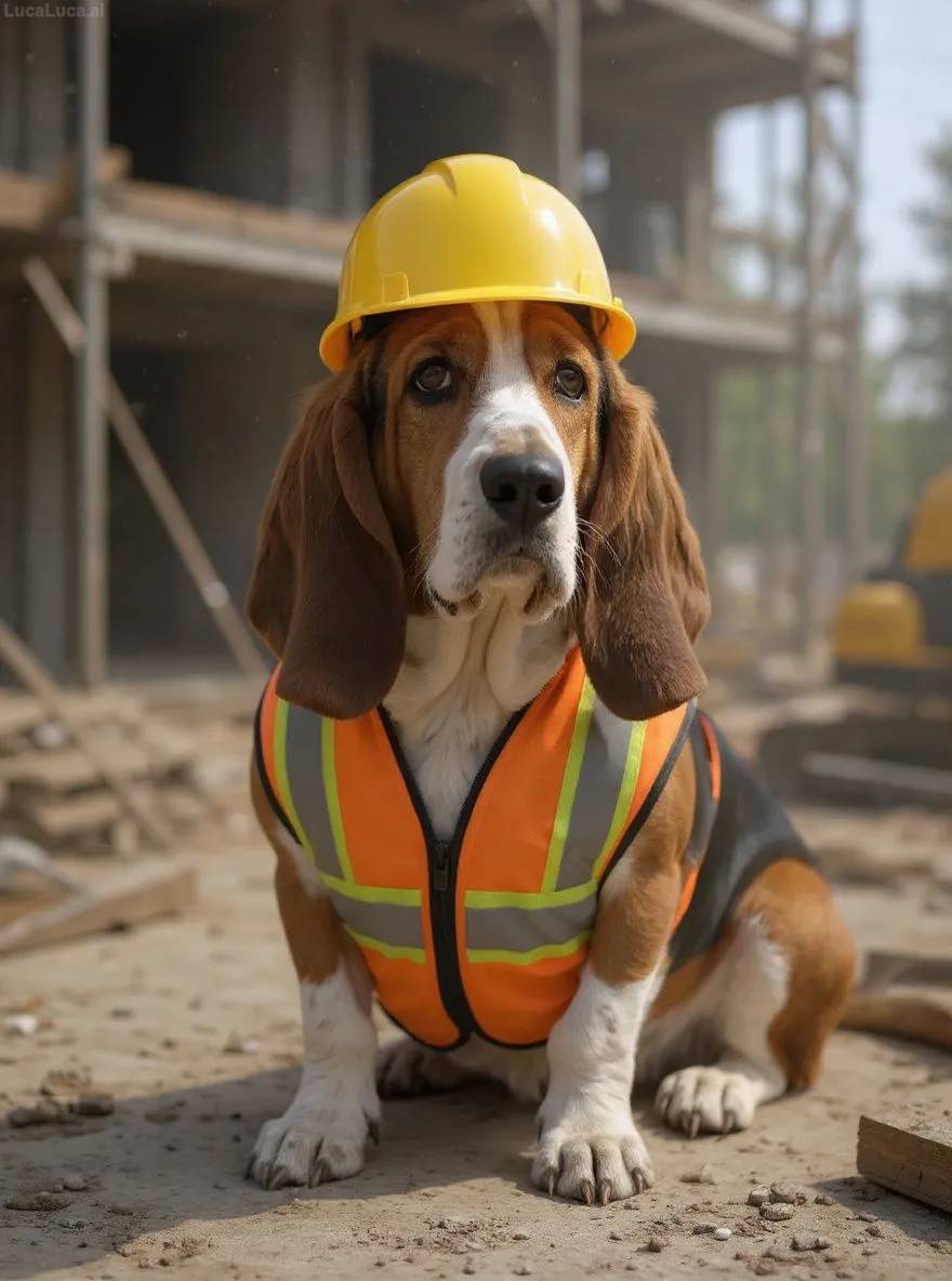 Basset Hound dog wearing a hard hat and safety vest at a construction site
