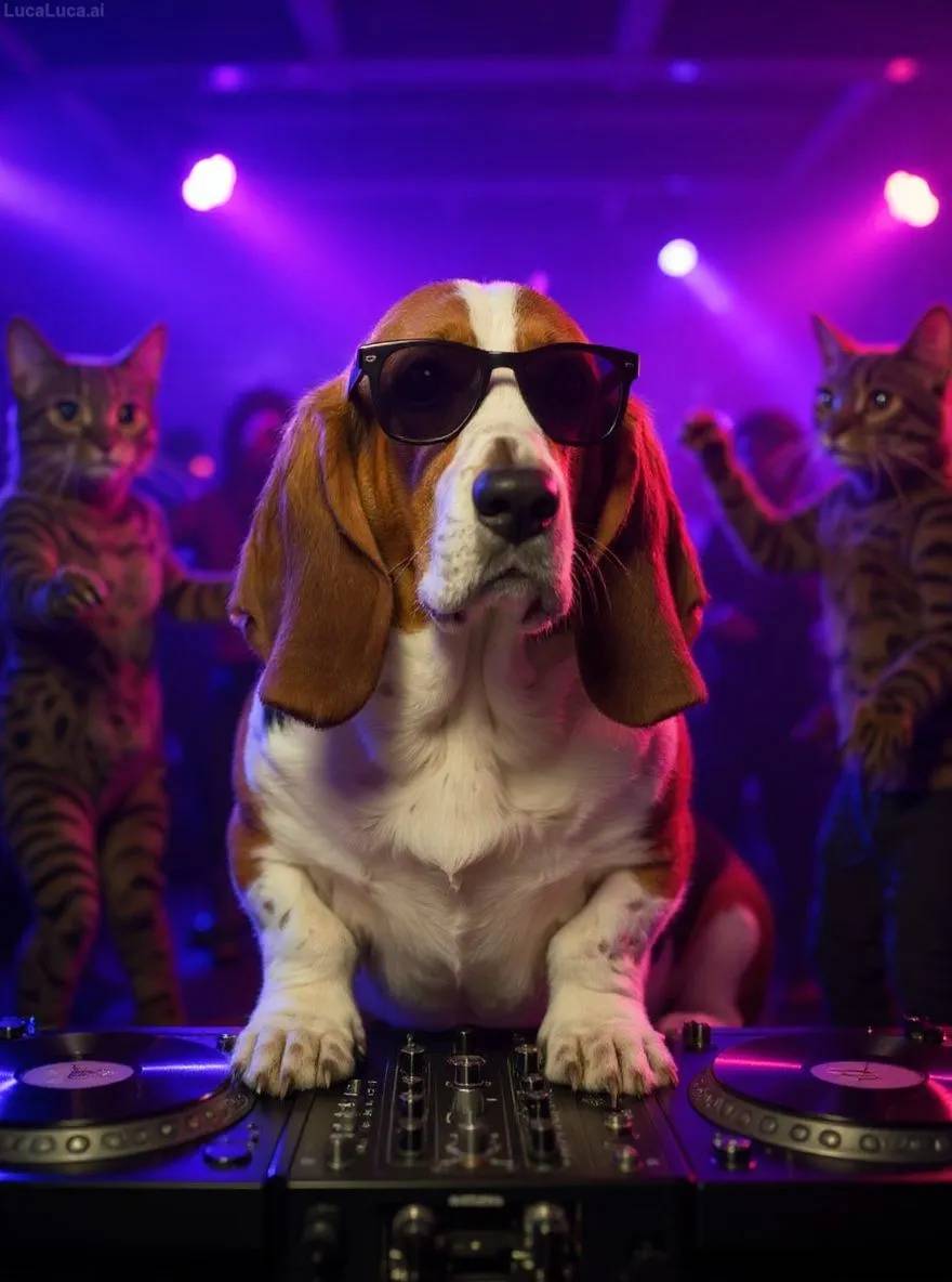 Basset Hound dog wearing sunglasses with paws on turntables at a nightclub
