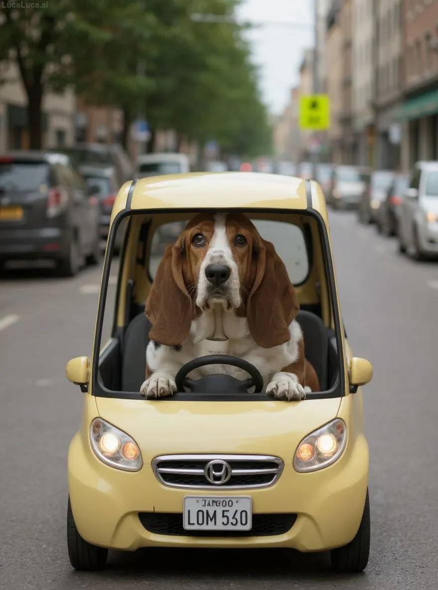Basset Hound dog behind the wheel of a car holding a coffee cup