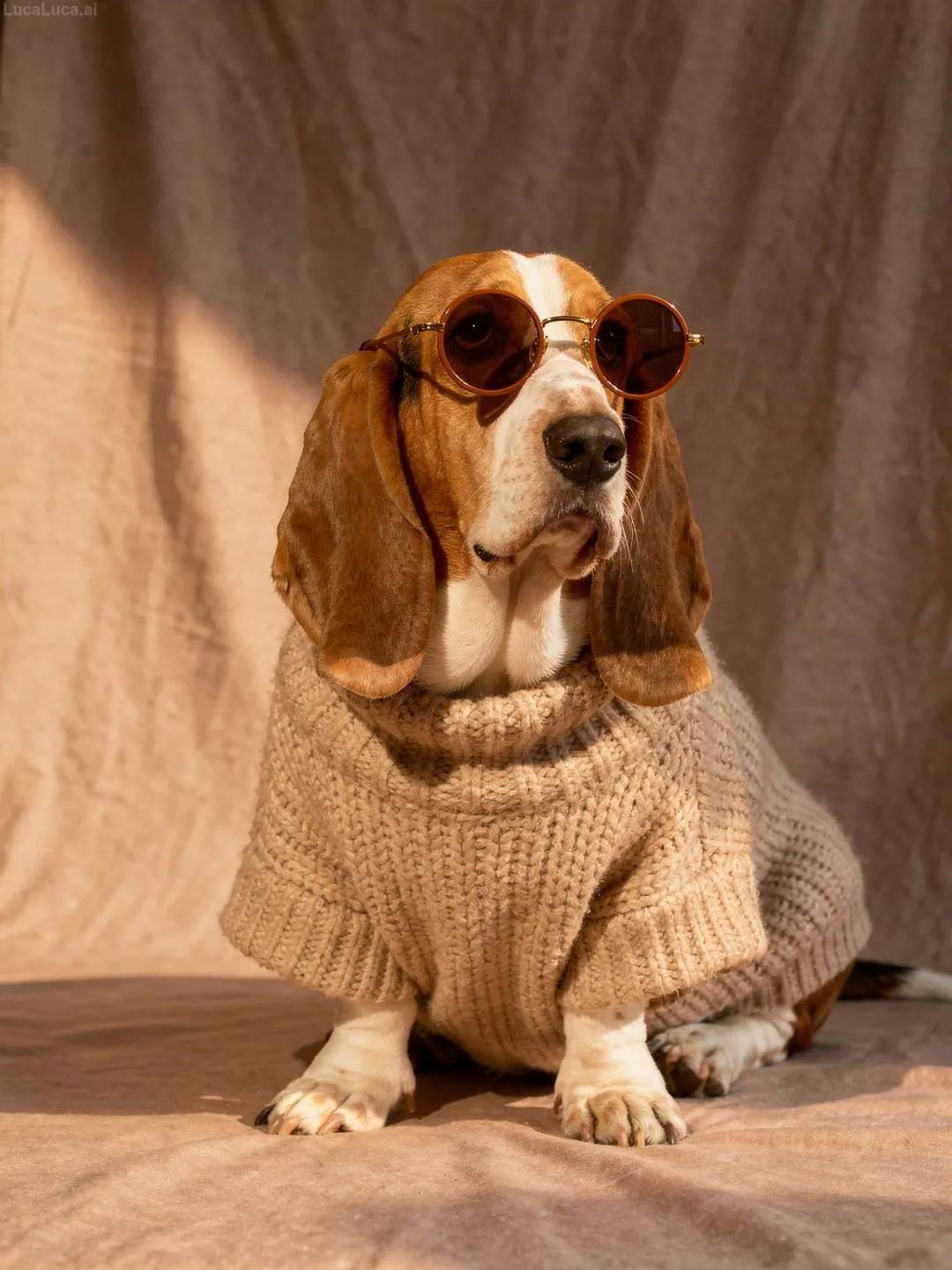 Basset Hound dog wearing a chunky beige knit sweater and brown sunglasses