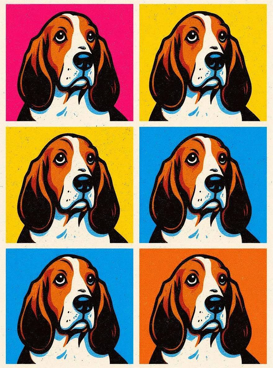 Basset Hound dog portrait in pop art style repeated in a colorful grid