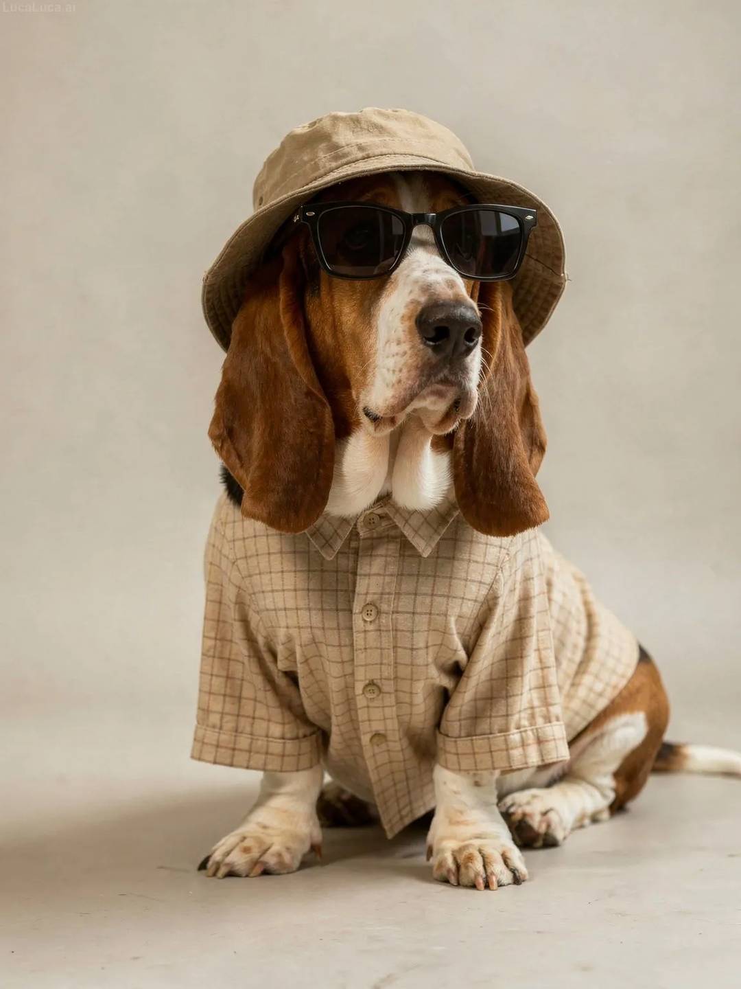 Basset Hound dog wearing a checkered shirt, sunglasses, and bucket hat in studio