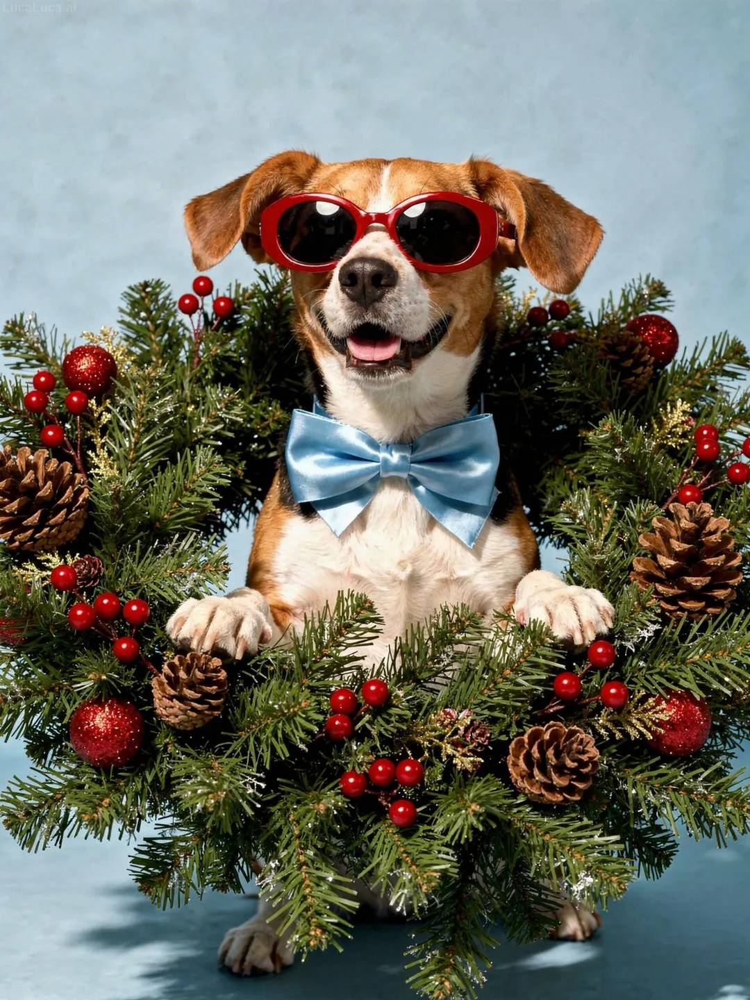 Beagle dog wearing red sunglasses holding a Christmas wreath with berries