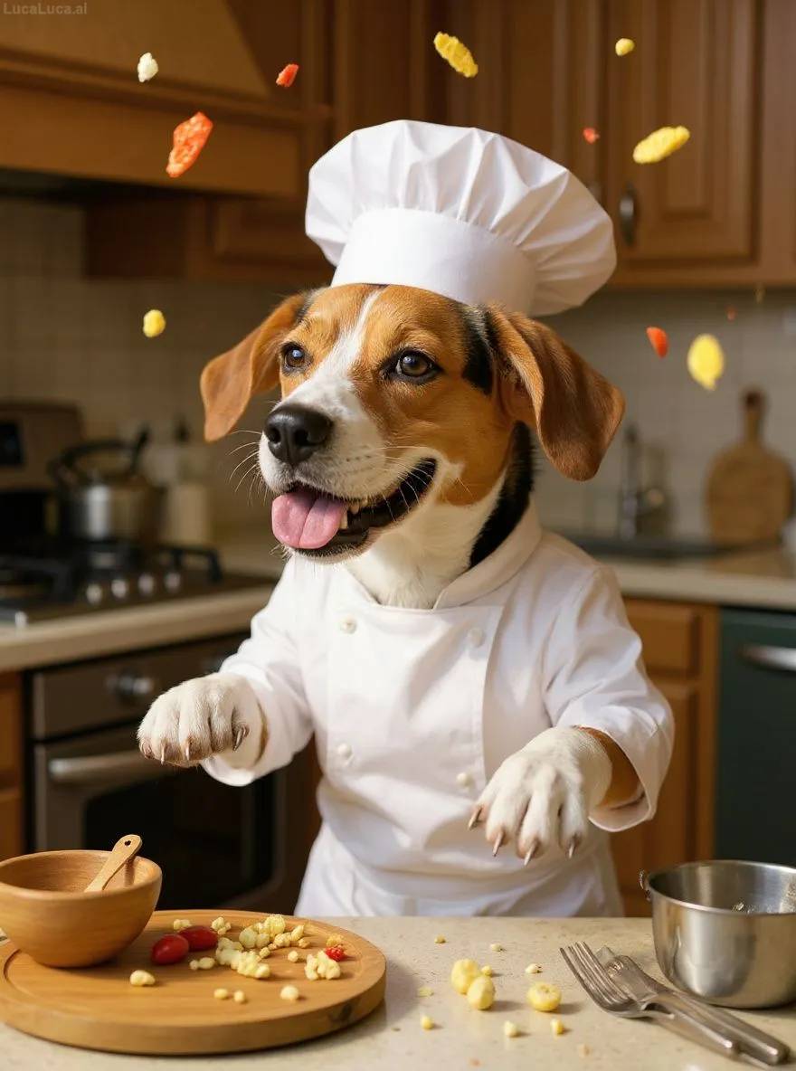 Beagle dog wearing a chef hat and apron tossing ingredients in a kitchen