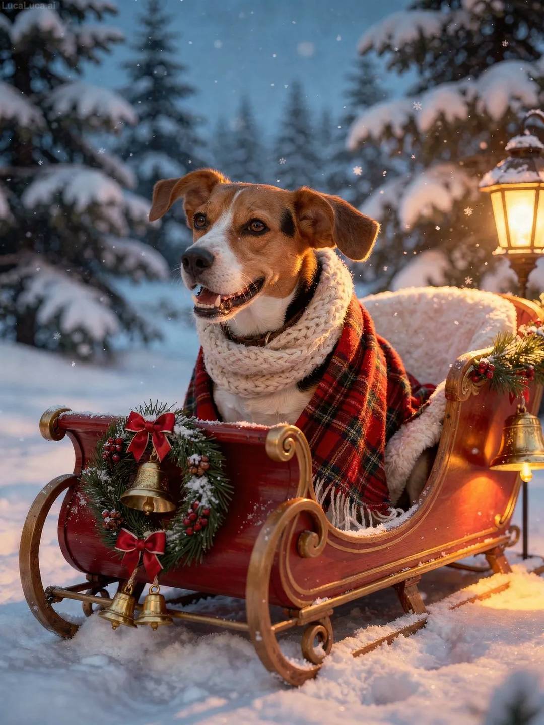 Beagle dog in a red wooden sleigh wrapped in a plaid blanket with snow falling