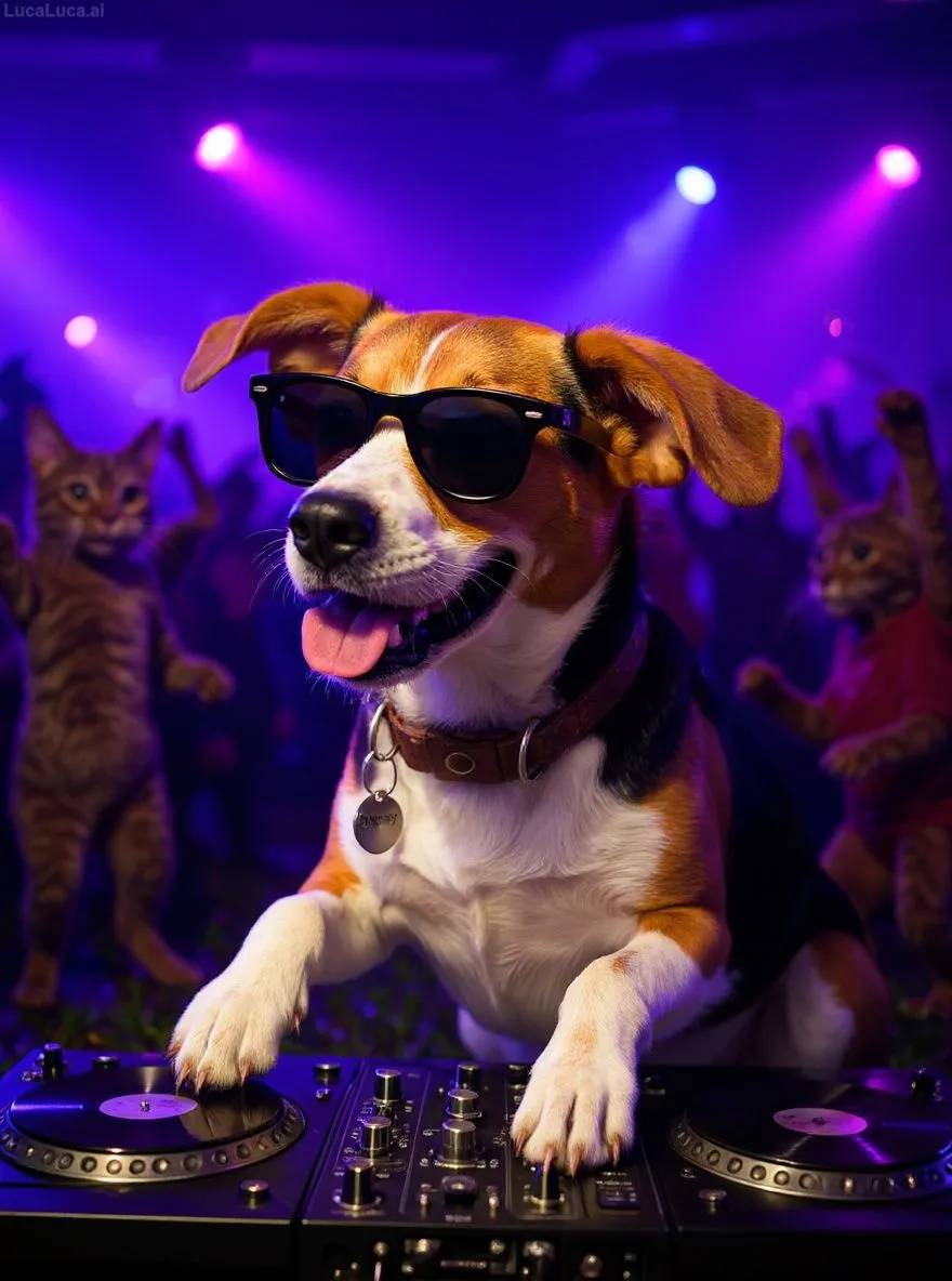 Beagle dog wearing sunglasses with paws on turntables at a nightclub