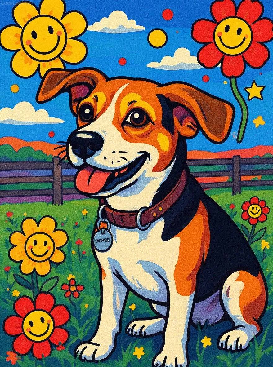 Beagle dog in Japanese pop art style with smiling flowers and bright colors