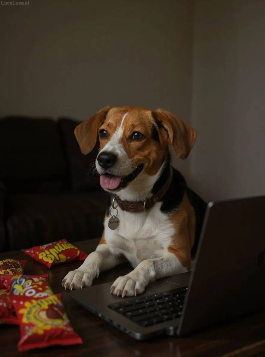 Beagle dog in front of a laptop at night surrounded by snack bags