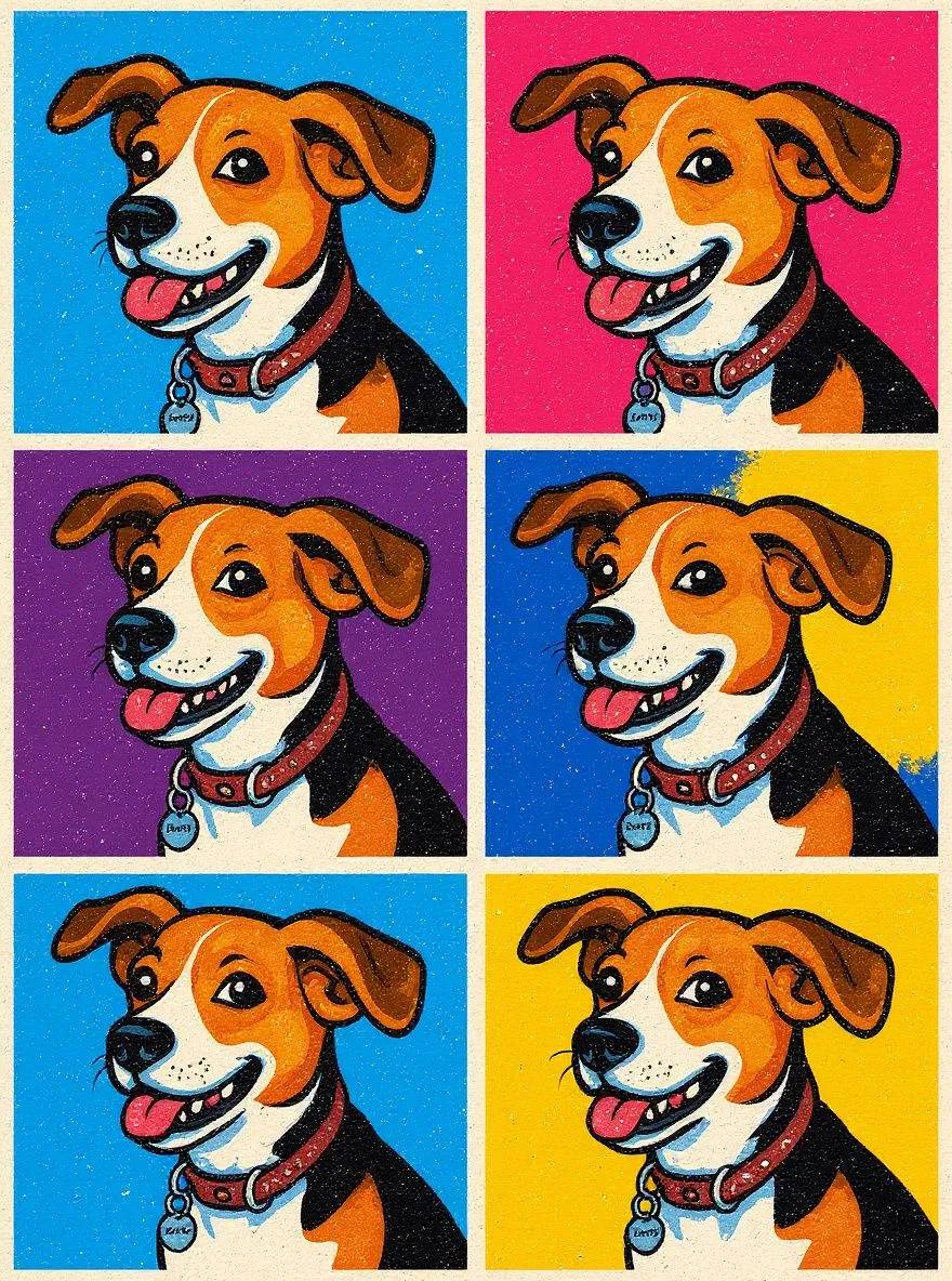 Beagle dog portrait in pop art style repeated in a colorful grid