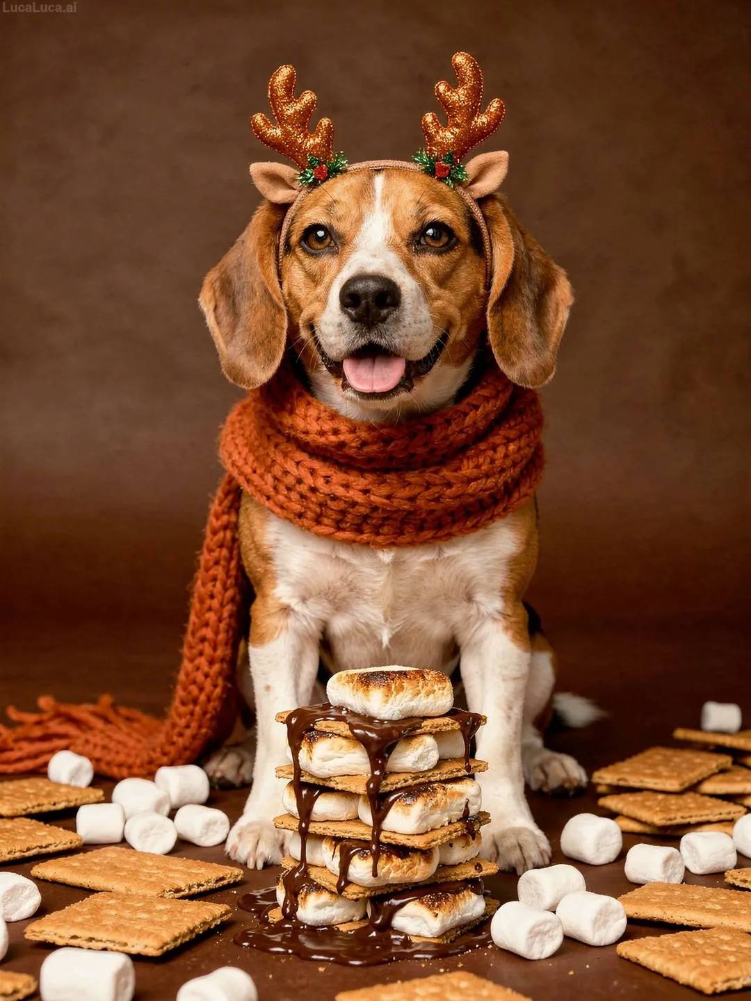 Beagle dog wearing an orange scarf and antler headband holding s'mores