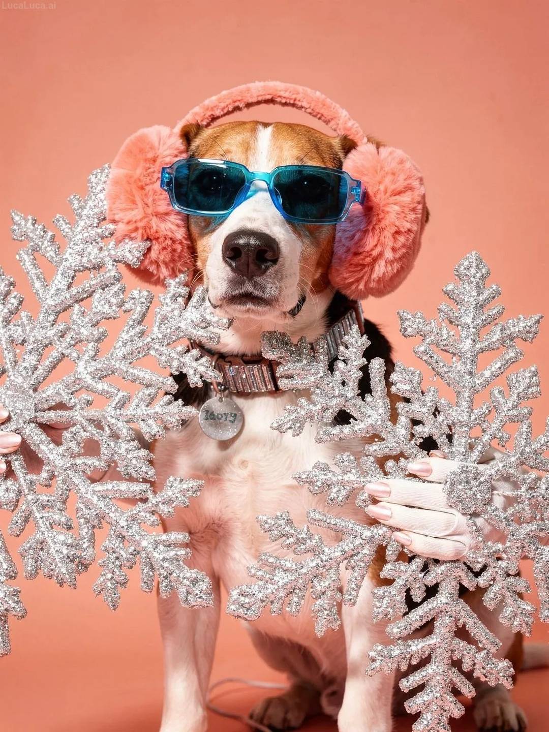 Beagle dog wearing blue sunglasses and coral earmuffs holding snowflake ornaments