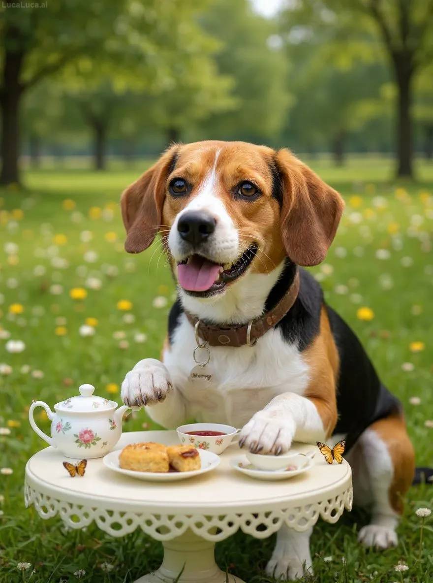 Beagle dog at a miniature garden table with floral china and scones