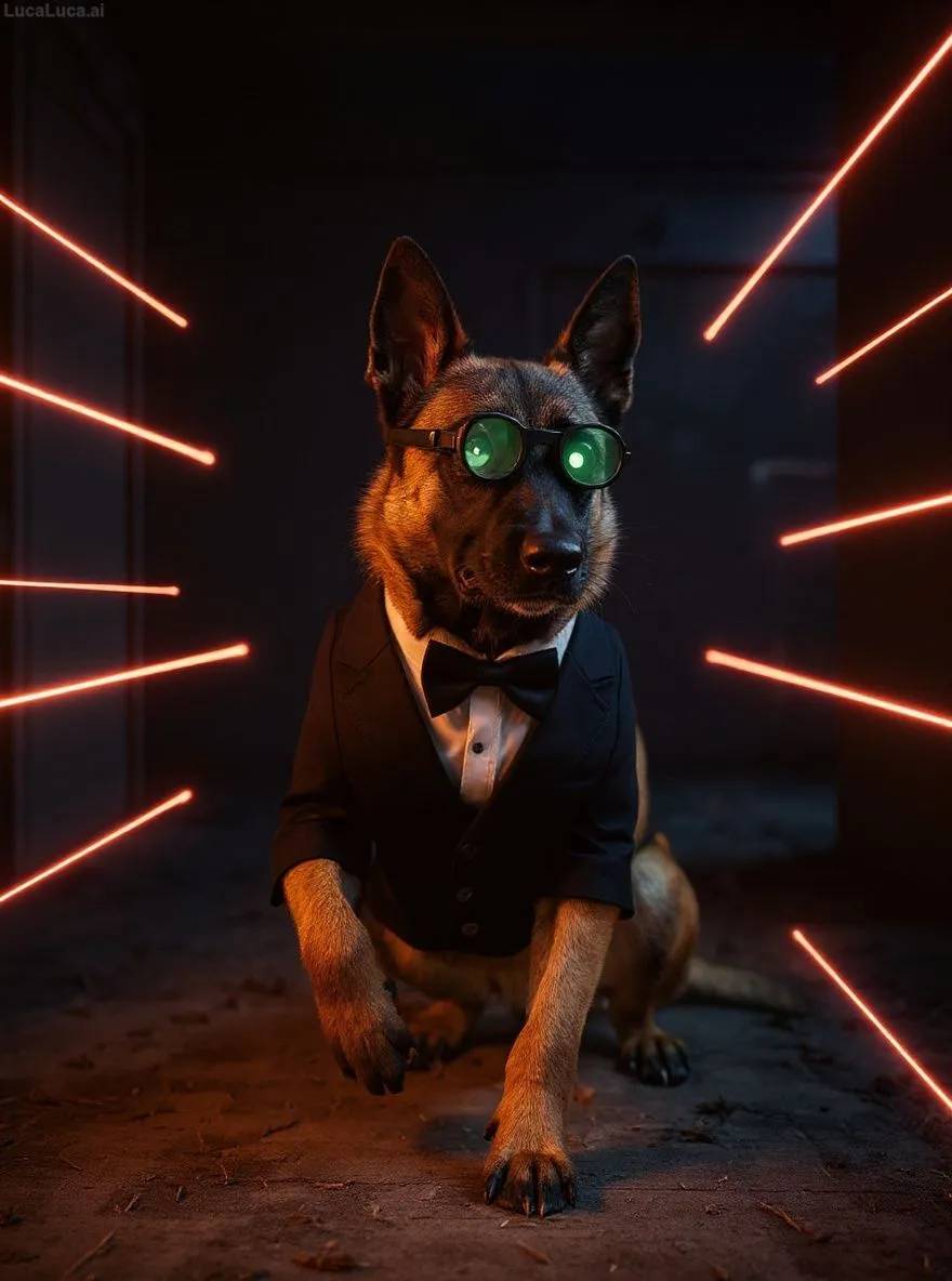 Belgian Malinois dog wearing a tuxedo and night vision goggles in a room with laser beams