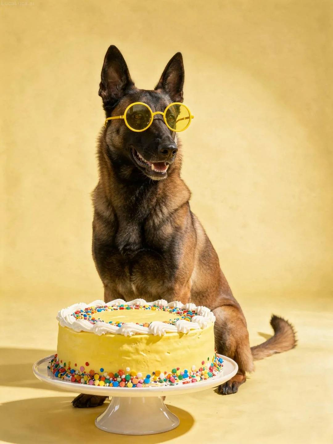 Belgian Malinois dog wearing yellow sunglasses with a lemon-yellow cake and confetti
