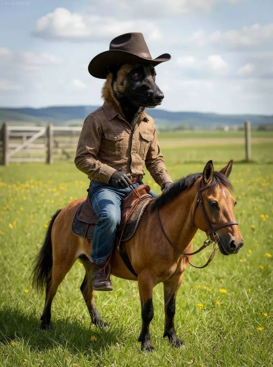 Belgian Malinois dog dressed as a cowboy riding a small horse